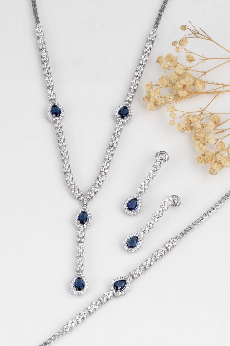 Safir Taşlı Damla Motifli Rodyum Kaplama Gümüş Düğün Seti - 1