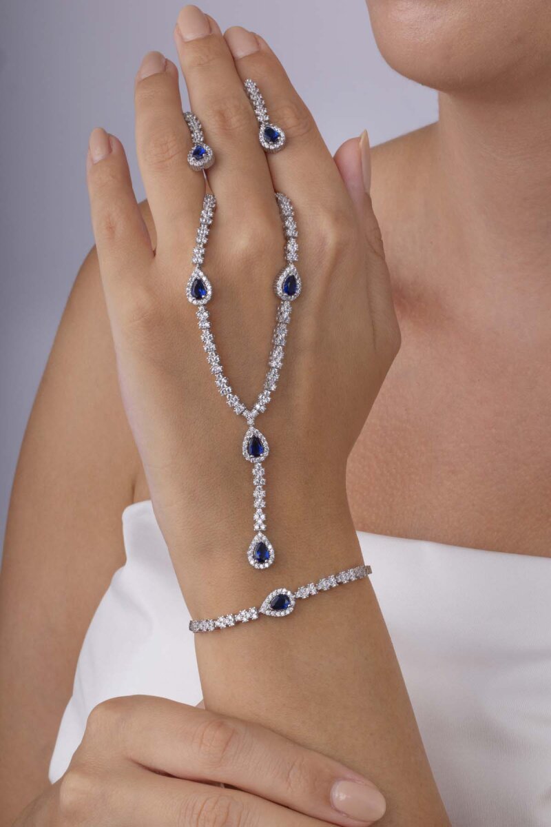 Safir Taşlı Damla Motifli Rodyum Kaplama Gümüş Düğün Seti - 1