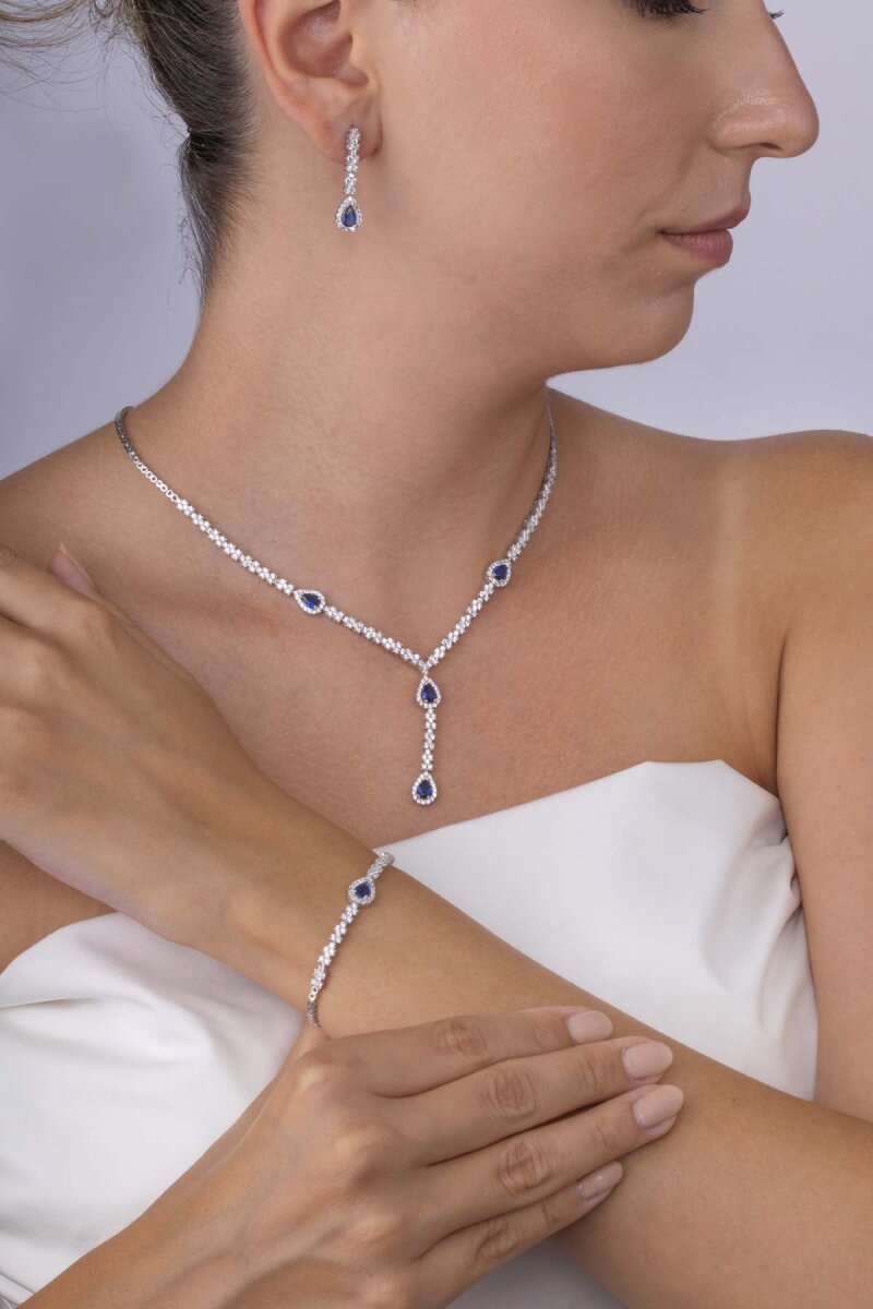Safir Taşlı Damla Motifli Rodyum Kaplama Gümüş Düğün Seti - 2