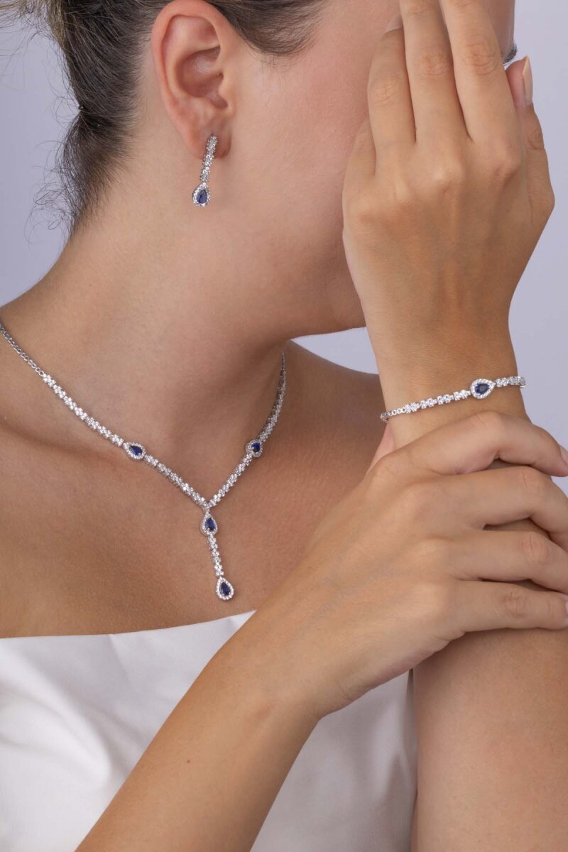 Safir Taşlı Damla Motifli Rodyum Kaplama Gümüş Düğün Seti - 3