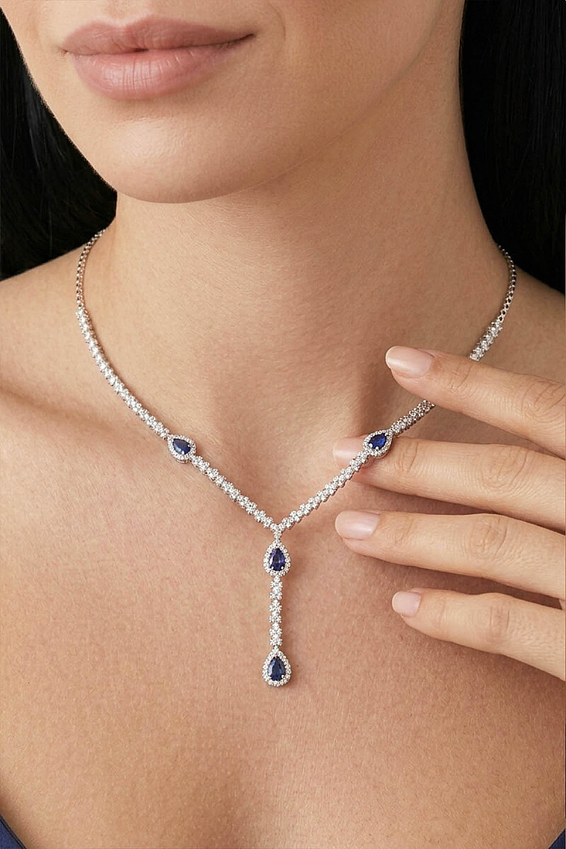 Safir Taşlı Damla Motifli Rodyum Kaplama Gümüş Kolye - 1