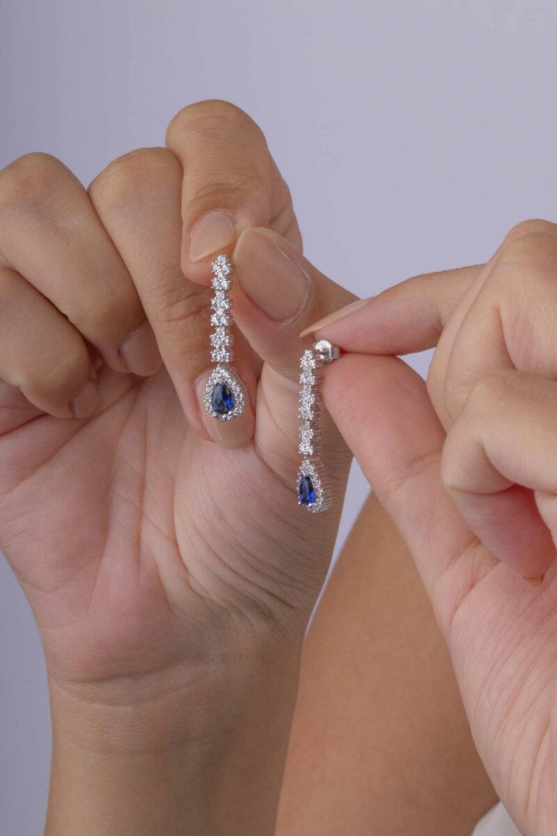 Safir Taşlı Damla Motifli Rodyum Kaplama Gümüş Küpe - 2