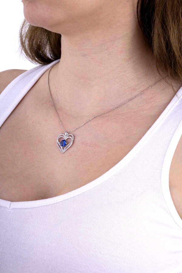 Safir Taşlı Kalp Gümüş Kolye - Gümüş Pazarım