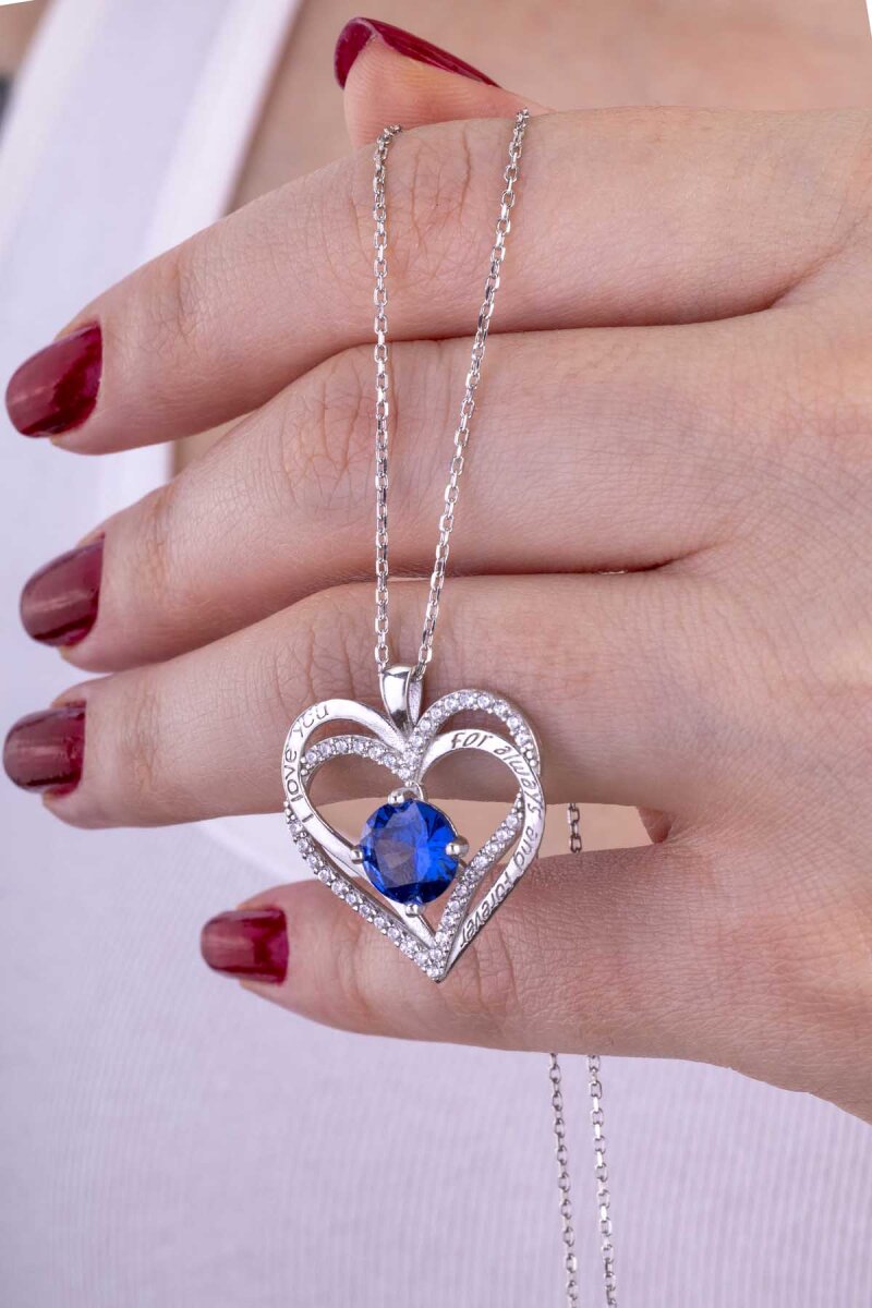 Safir Taşlı Kalp Gümüş Kolye - 1