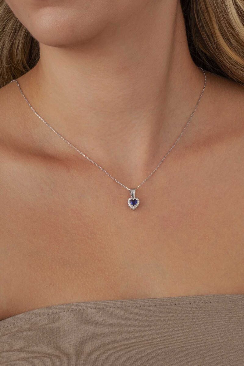 Safir Taşlı Kalpli Tek Taş Gümüş Kolye - 2