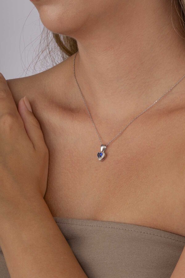 Safir Taşlı Kalpli Tek Taş Gümüş Kolye - Gümüş Pazarım