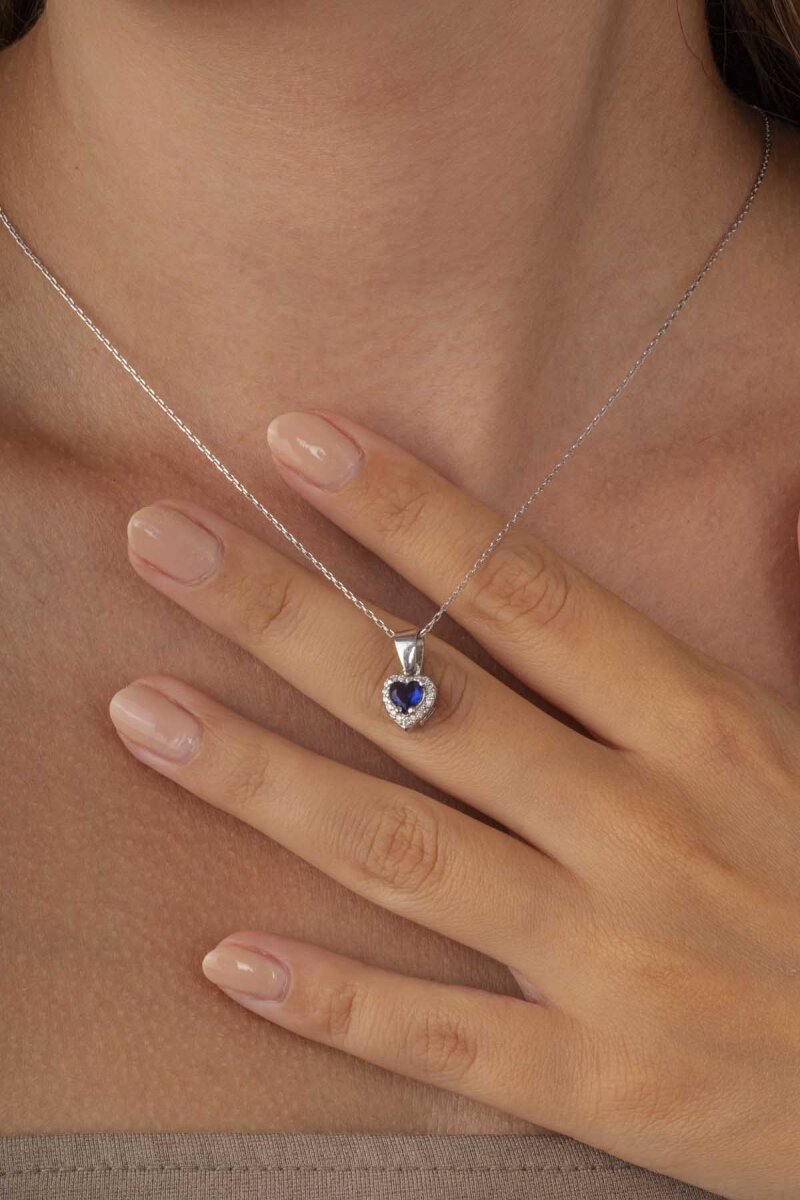 Safir Taşlı Kalpli Tek Taş Gümüş Kolye - 1