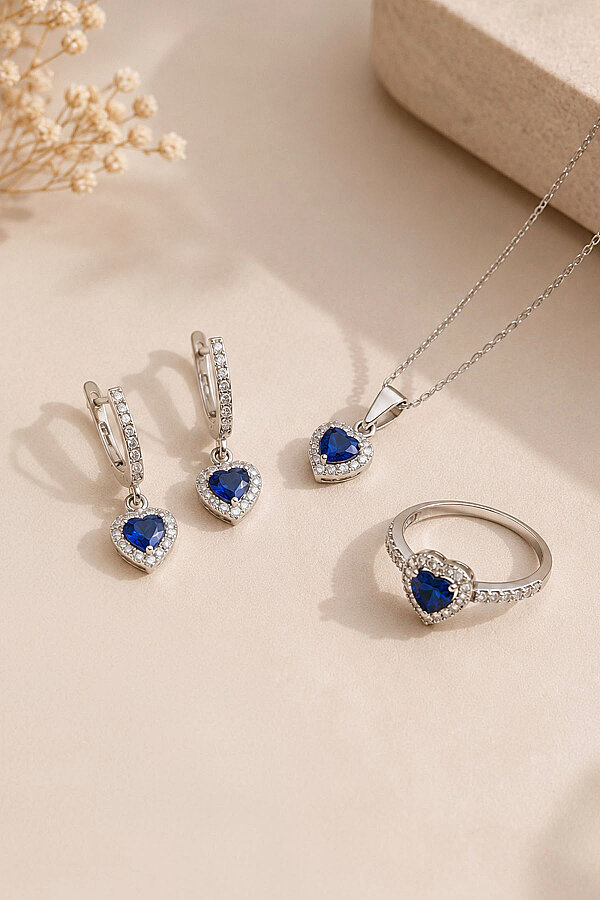 Safir Taşlı Kalpli Tek Taş Gümüş Set 