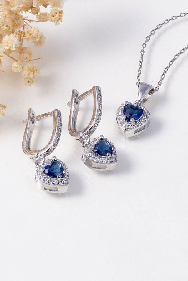 Safir Taşlı Kalpli Tek Taş Gümüş Set - Gümüş Pazarım