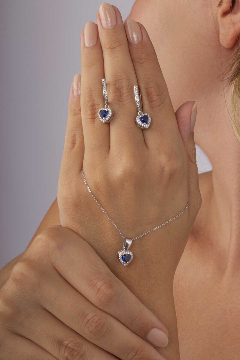 Safir Taşlı Kalpli Tek Taş Gümüş Set - 3
