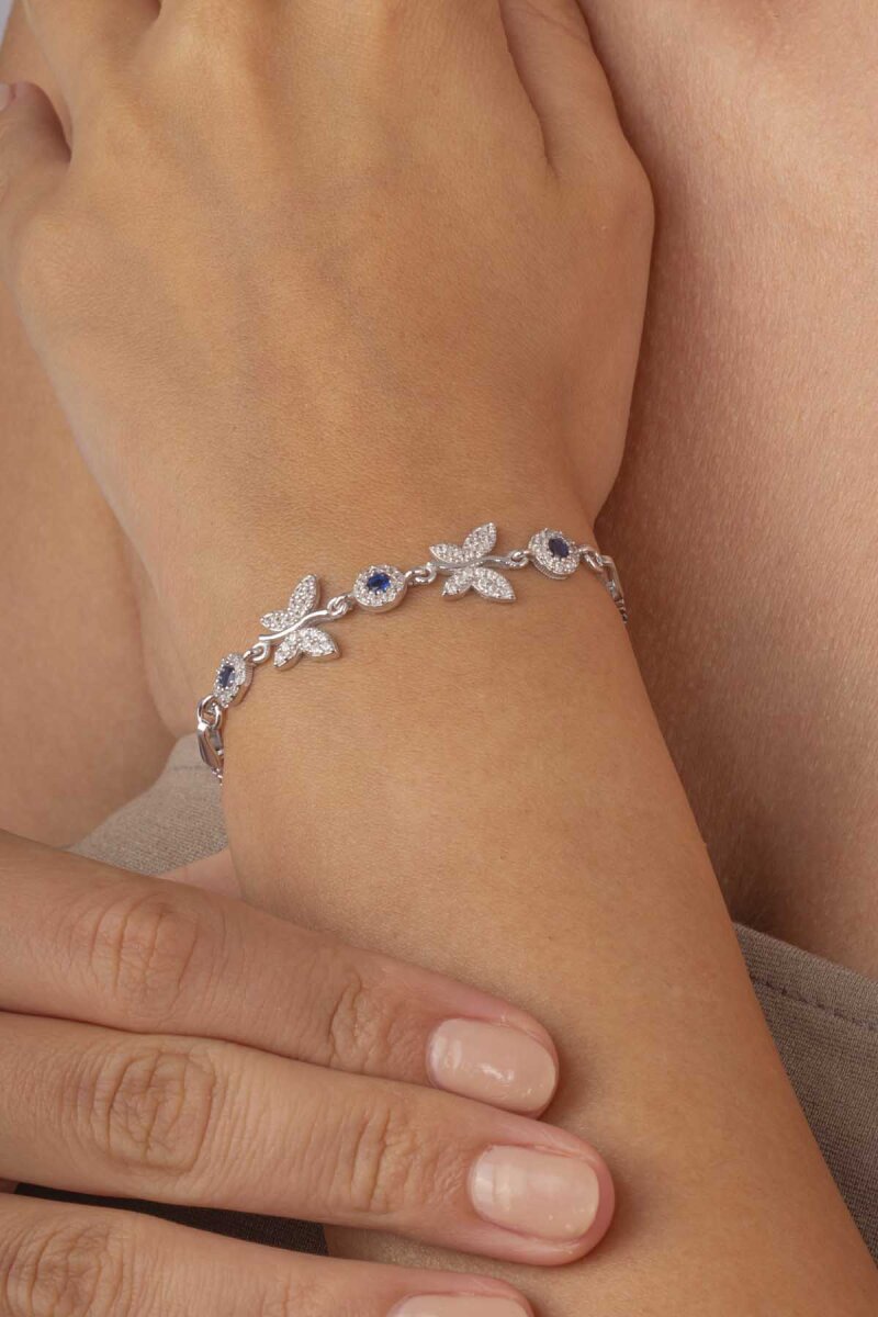 Safir Taşlı Kelebek Motifli Gümüş Bileklik - 1
