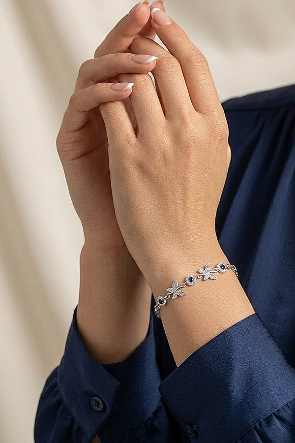 Safir Taşlı Kelebek Motifli Gümüş Bileklik - Gümüş Pazarım