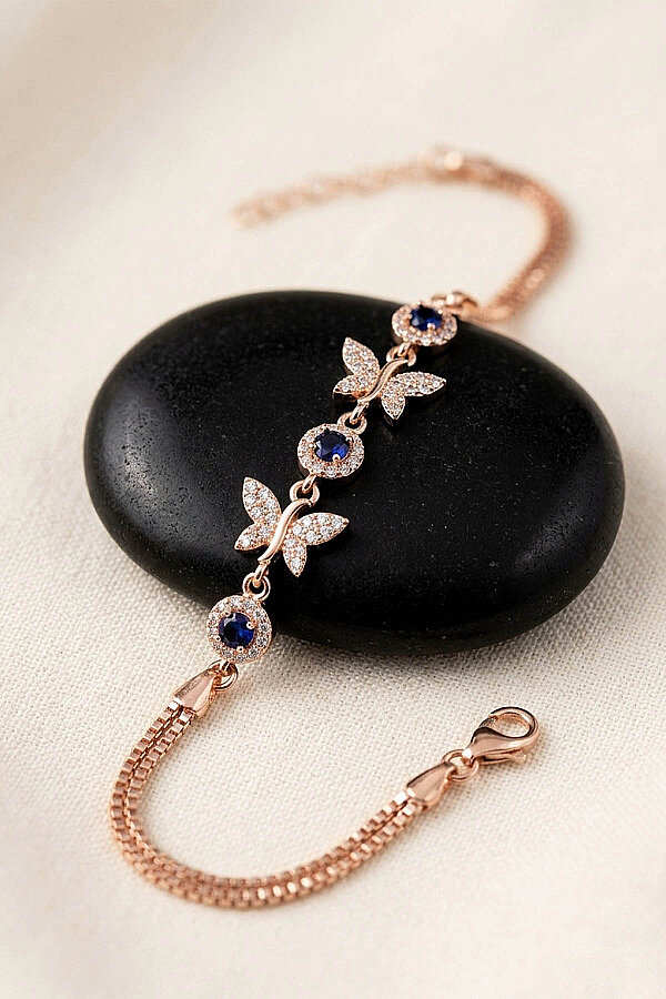 Rose Gold Kaplama Safir Taşlı Kelebek Motifli Gümüş Bileklik - Gümüş Pazarım
