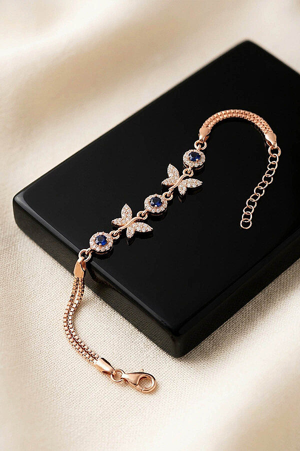Rose Gold Kaplama Safir Taşlı Kelebek Motifli Gümüş Bileklik - Gümüş Pazarım