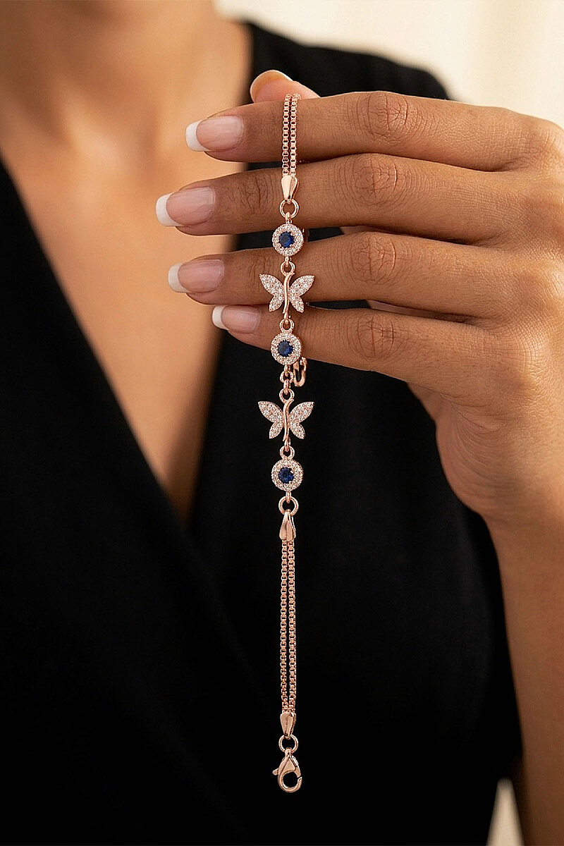 Rose Gold Kaplama Safir Taşlı Kelebek Motifli Gümüş Bileklik - 3