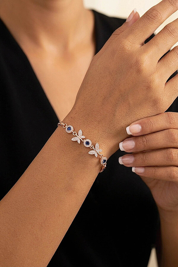 Rose Gold Kaplama Safir Taşlı Kelebek Motifli Gümüş Bileklik - Gümüş Pazarım
