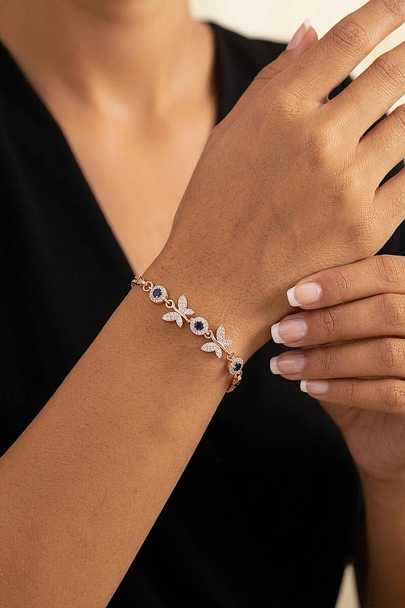 Rose Gold Kaplama Safir Taşlı Kelebek Motifli Gümüş Bileklik - 4