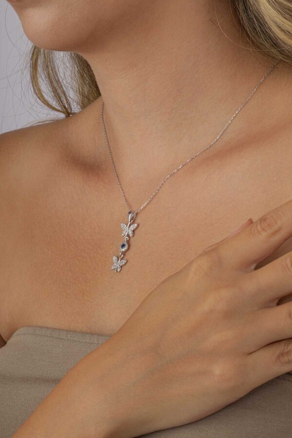 Safir Taşlı Kelebek Motifli Gümüş Kolye - Gümüş Pazarım