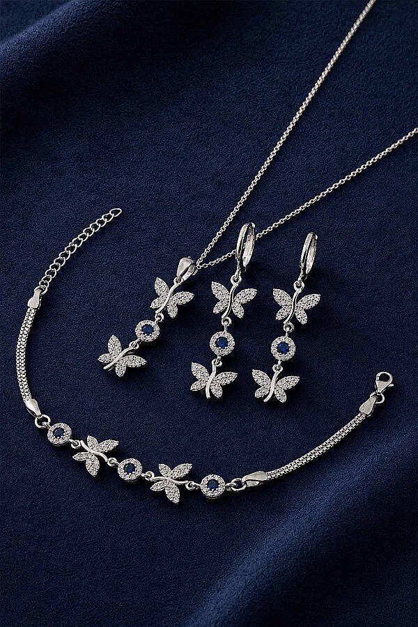 Safir Taşlı Kelebek Motifli Gümüş Set - Gümüş Pazarım