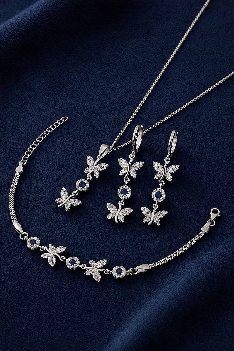Safir Taşlı Kelebek Motifli Gümüş Set - 1