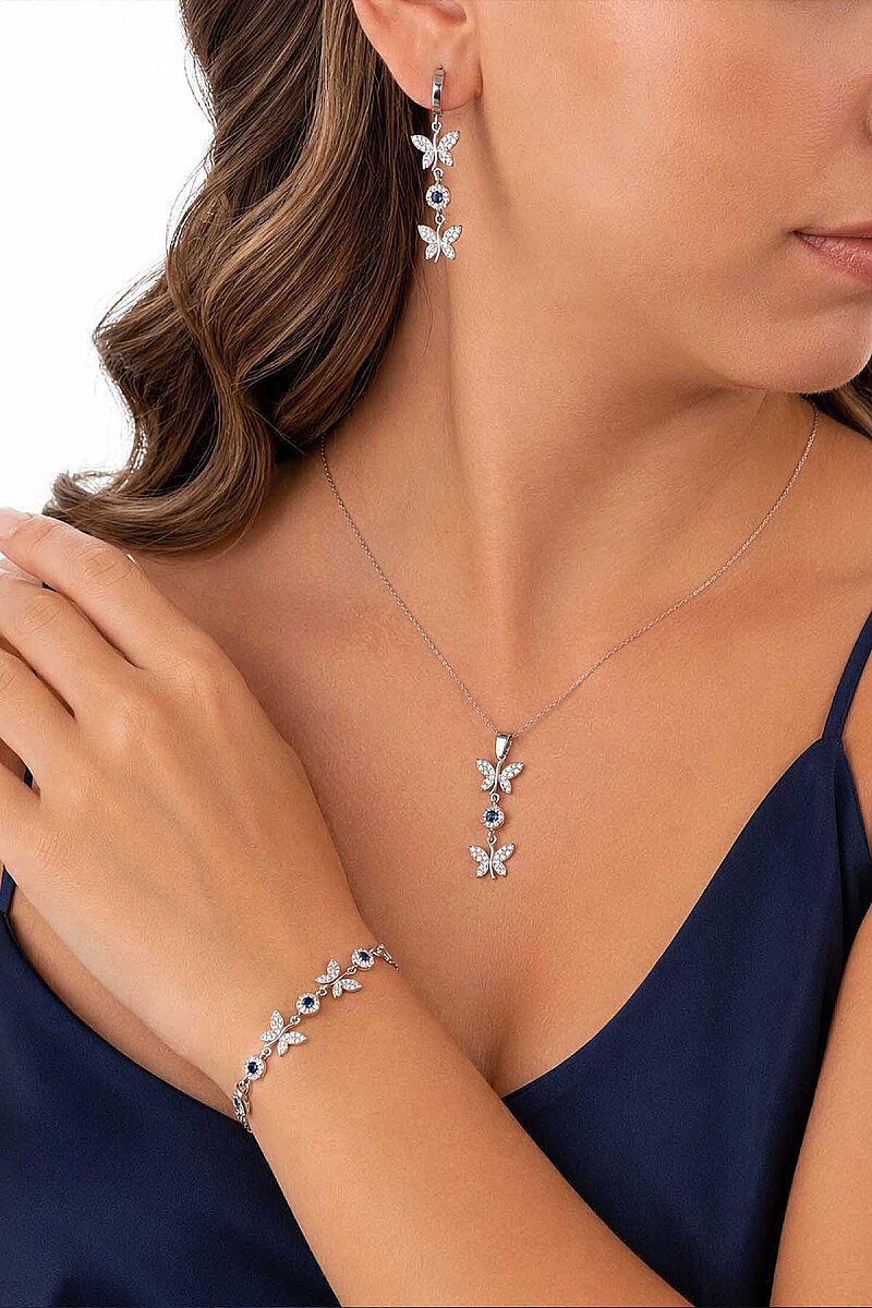 Safir Taşlı Kelebek Motifli Gümüş Set - 2
