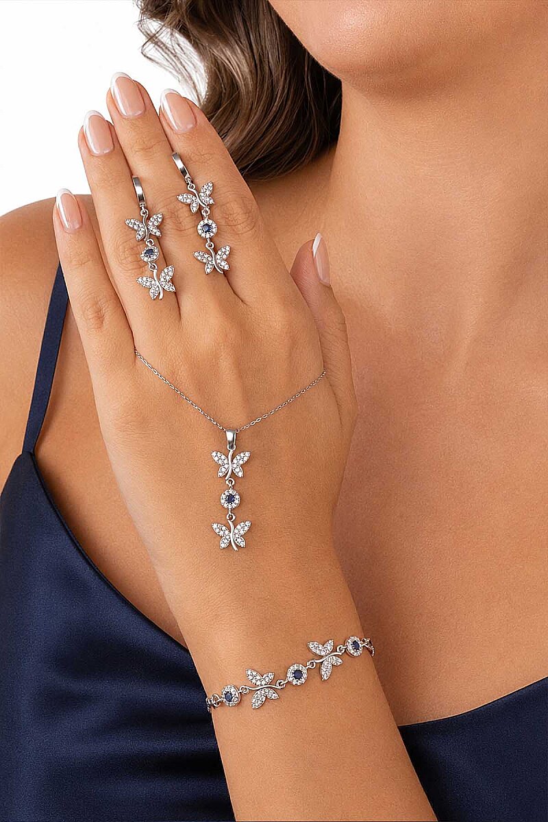 Safir Taşlı Kelebek Motifli Gümüş Set - 3