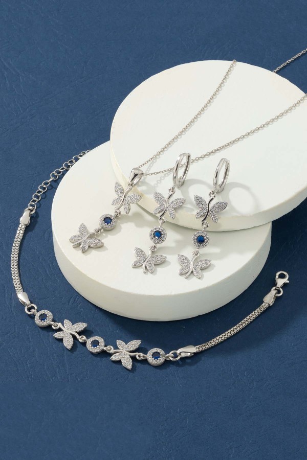 Safir Taşlı Kelebek Motifli Gümüş Set - Gümüş Pazarım
