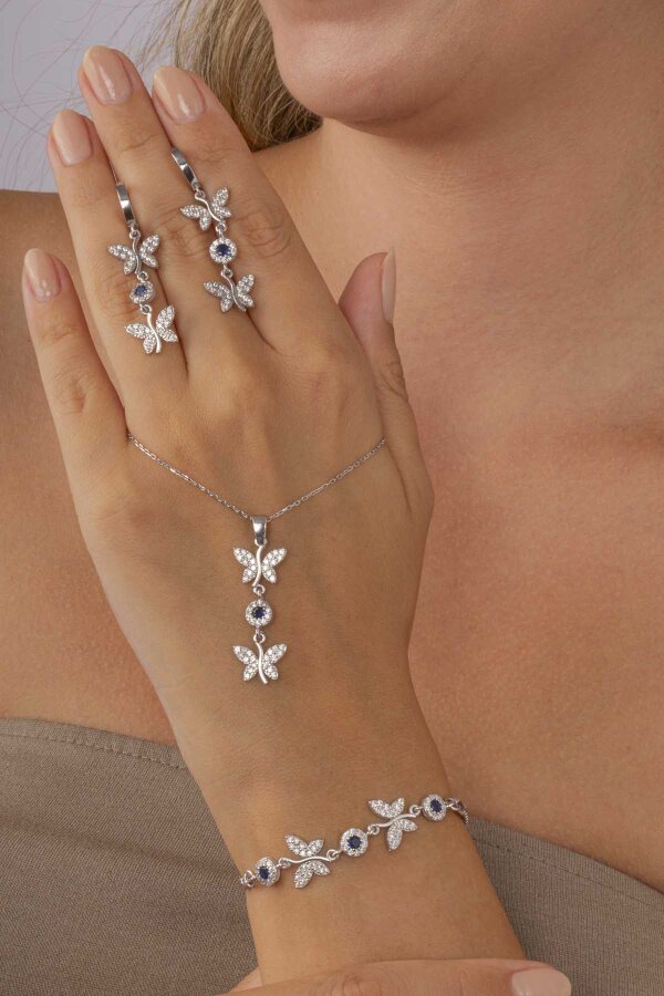 Safir Taşlı Kelebek Motifli Gümüş Set - Gümüş Pazarım