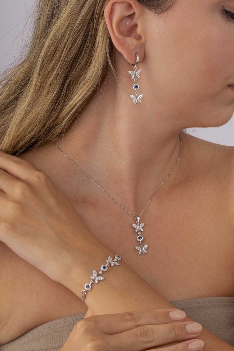 Safir Taşlı Kelebek Motifli Gümüş Set - 2