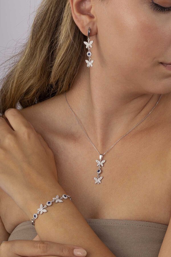 Safir Taşlı Kelebek Motifli Gümüş Set - Gümüş Pazarım