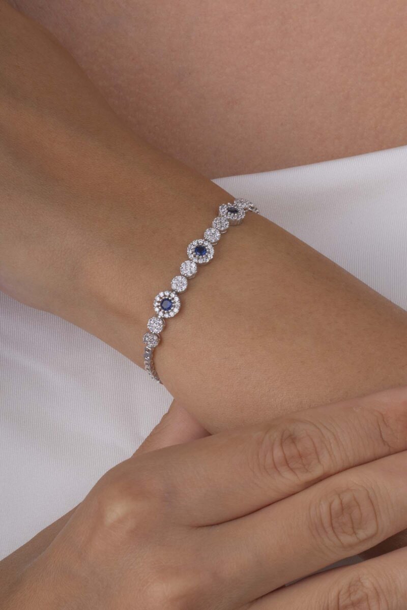 Safir Taşlı Su Yolu Pırlanta Montür Rodyum Kaplama Gümüş Bileklik - 2