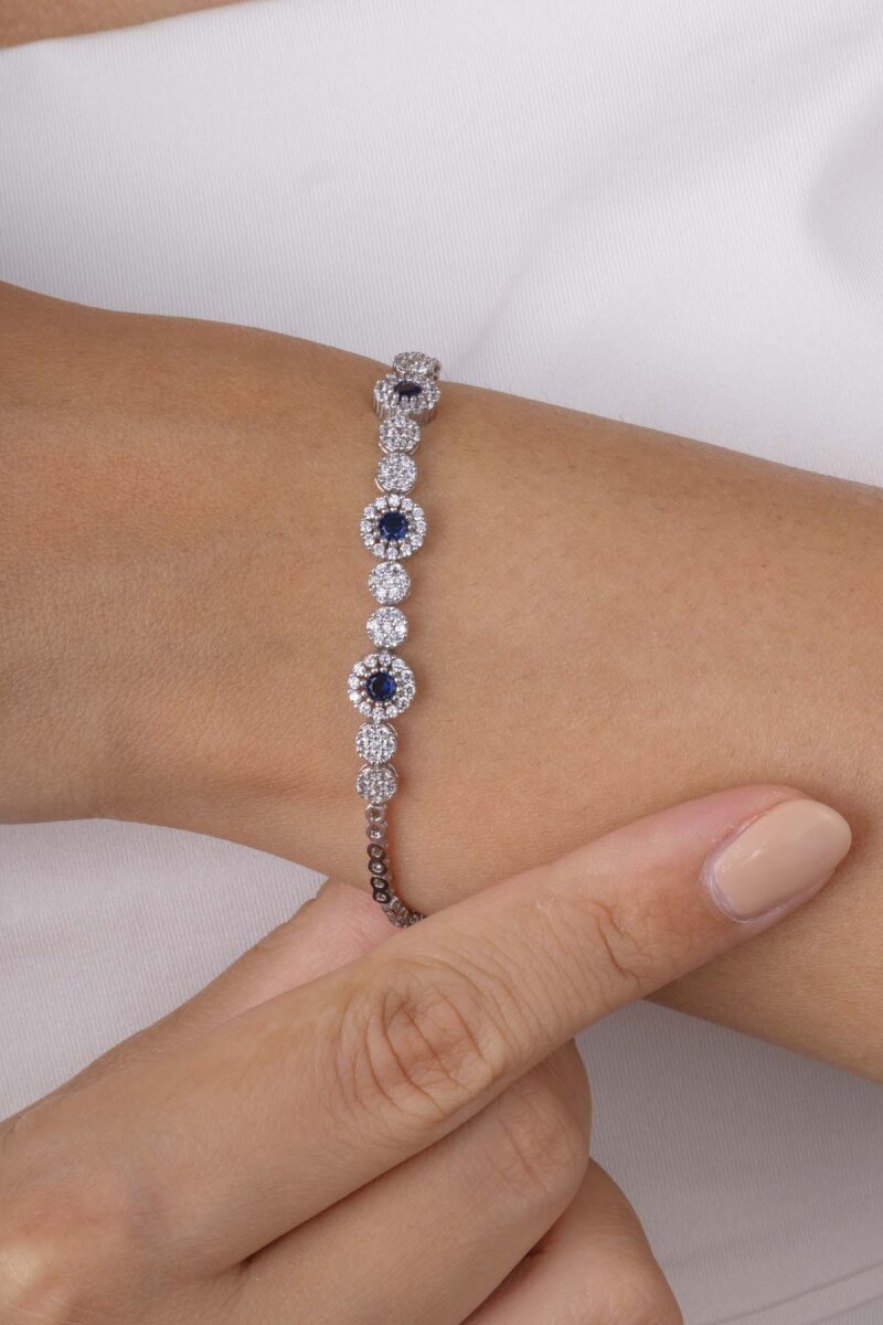 Safir Taşlı Su Yolu Pırlanta Montür Rodyum Kaplama Gümüş Bileklik - 3