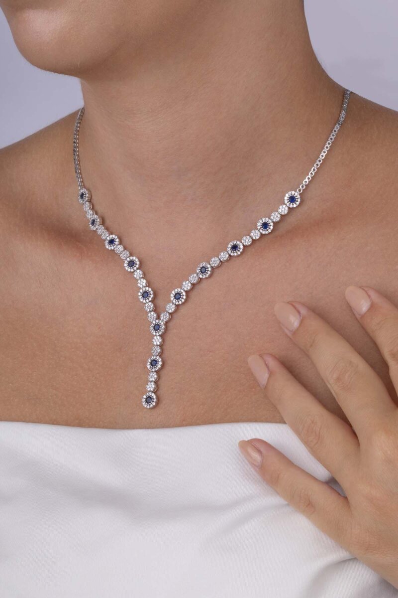 Safir Taşlı Su Yolu Pırlanta Montür Rodyum Kaplama Gümüş Kolye - 2