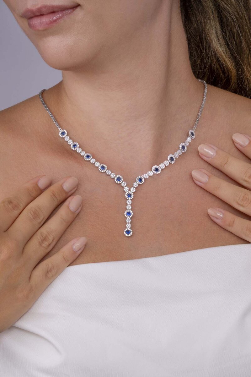 Safir Taşlı Su Yolu Pırlanta Montür Rodyum Kaplama Gümüş Kolye - 3