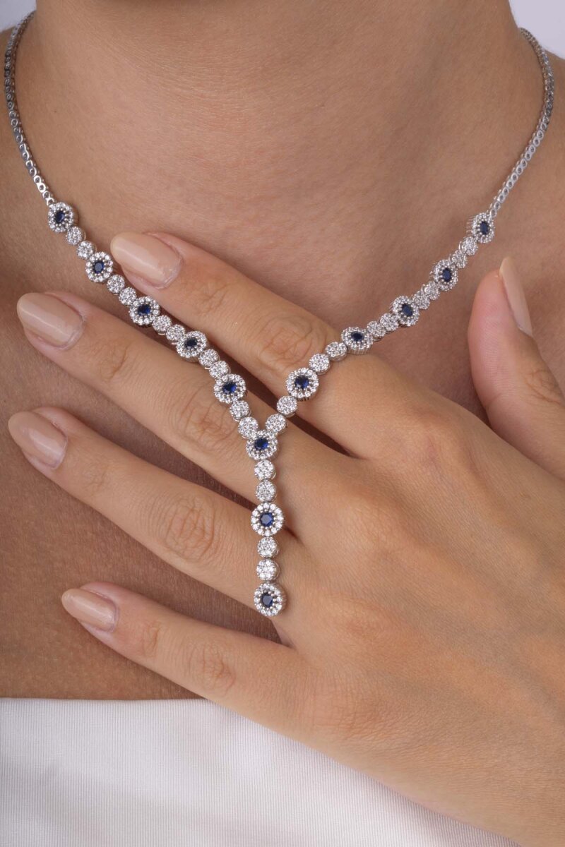 Safir Taşlı Su Yolu Pırlanta Montür Rodyum Kaplama Gümüş Kolye - 1