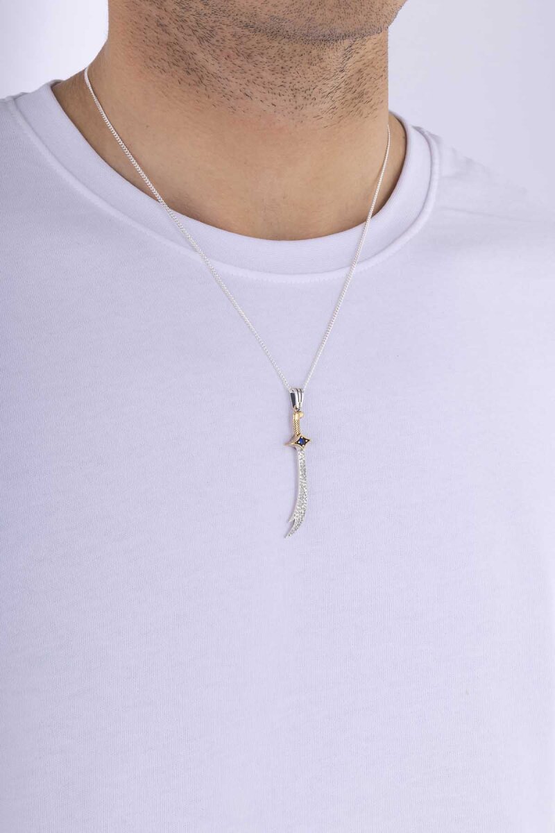 Safir Taşlı Zülfikar Erkek Gümüş Kolye - 4