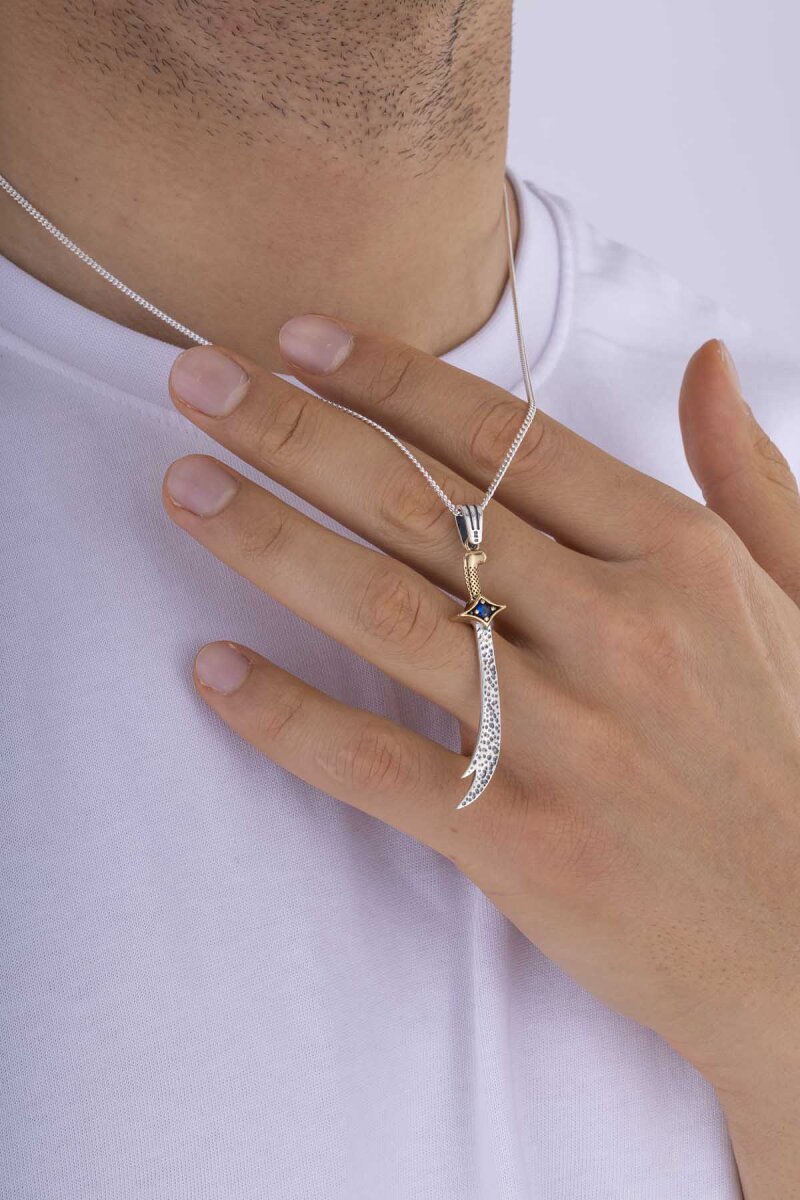 Safir Taşlı Zülfikar Erkek Gümüş Kolye - 2