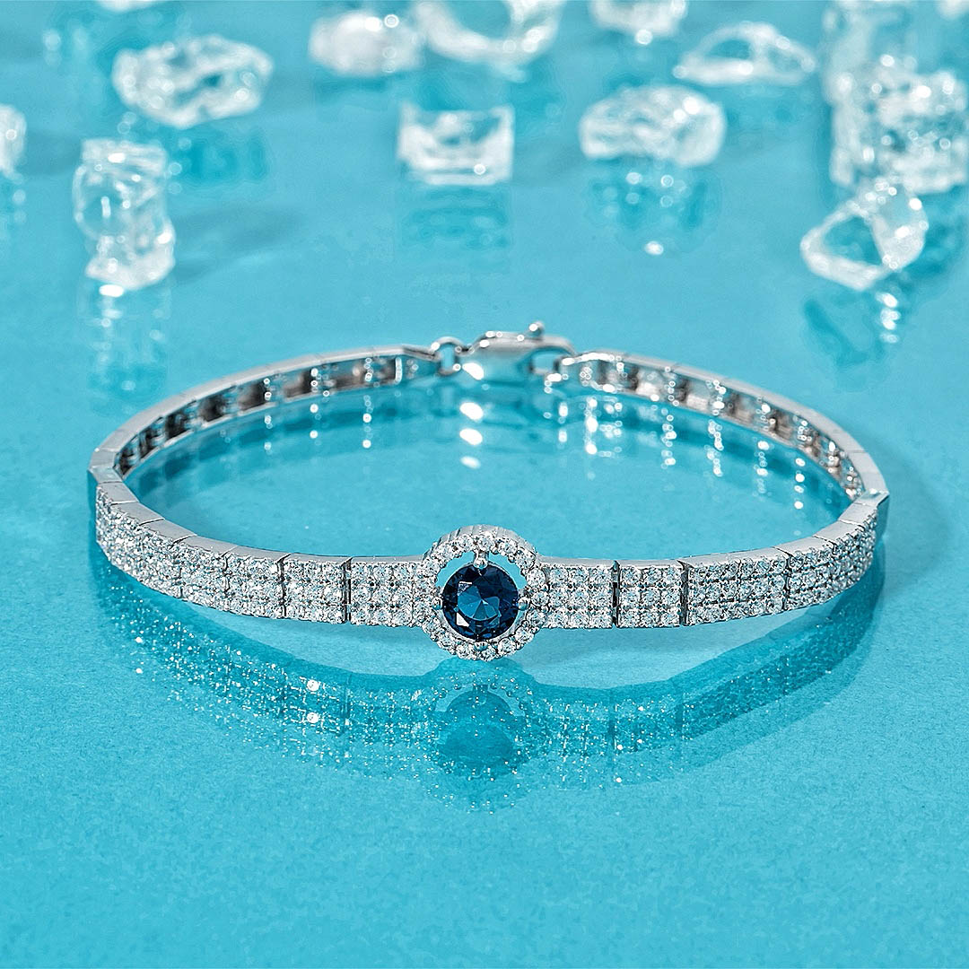 Sapphire Color Arched Waterway Silver Bracelet - Thumbnail