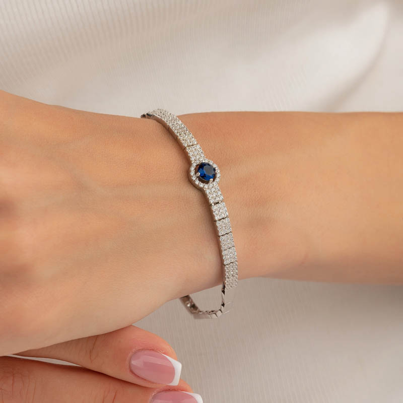 Sapphire Color Arched Waterway Silver Bracelet - Thumbnail