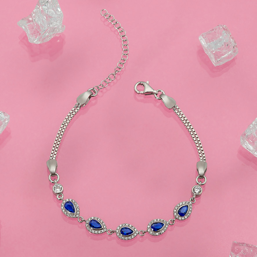 Sapphire Color Drop Cut Silver Bracelet