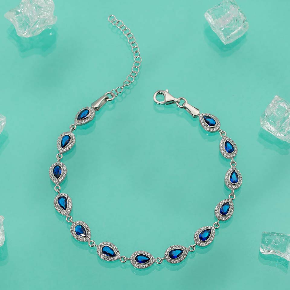 Sapphire Color Drop Cut Waterway Women's Silver Bracelet