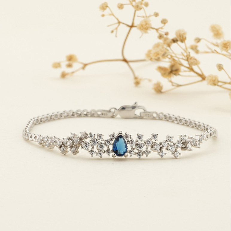 Sapphire Colored Water Drop Silver Bracelet - Thumbnail