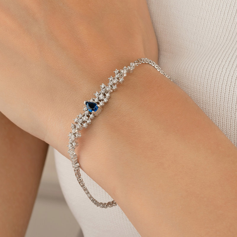 Sapphire Colored Water Drop Silver Bracelet - Thumbnail