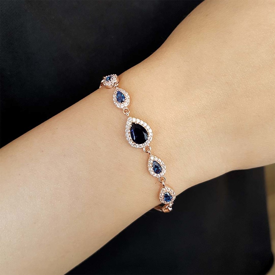 Sapphire Stone Drop Cut Silver Bracelet - Thumbnail