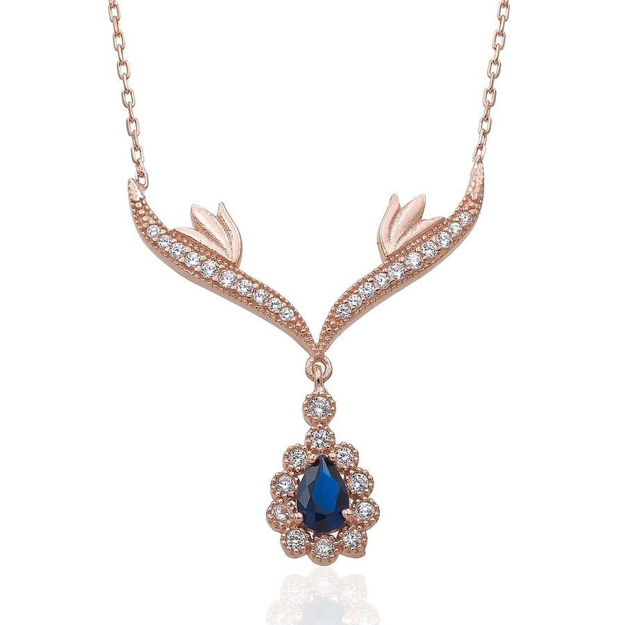 Sapphire Stone Drop Silver Necklace - Thumbnail