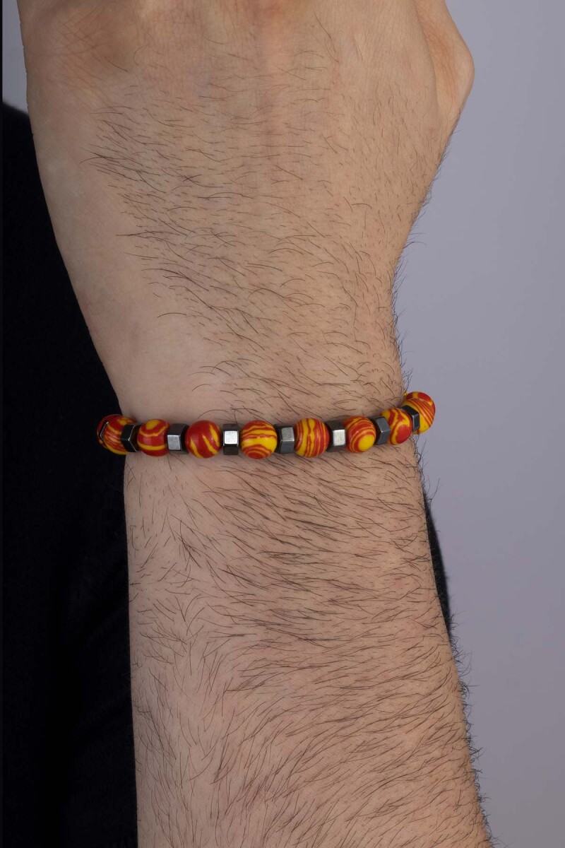 Sarı Kırmızı Tibet Akik Doğal Taş Erkek Bileklik - 3