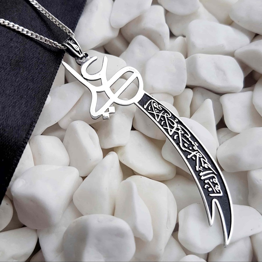 Gümüş Pazarım - Silver Men's Necklace with Zulfikar Sword Design