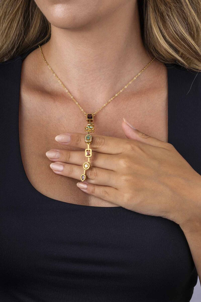 Sıralı Renkli Taşlı Altın Kaplama Çelik Kadın Y Kolye - 1