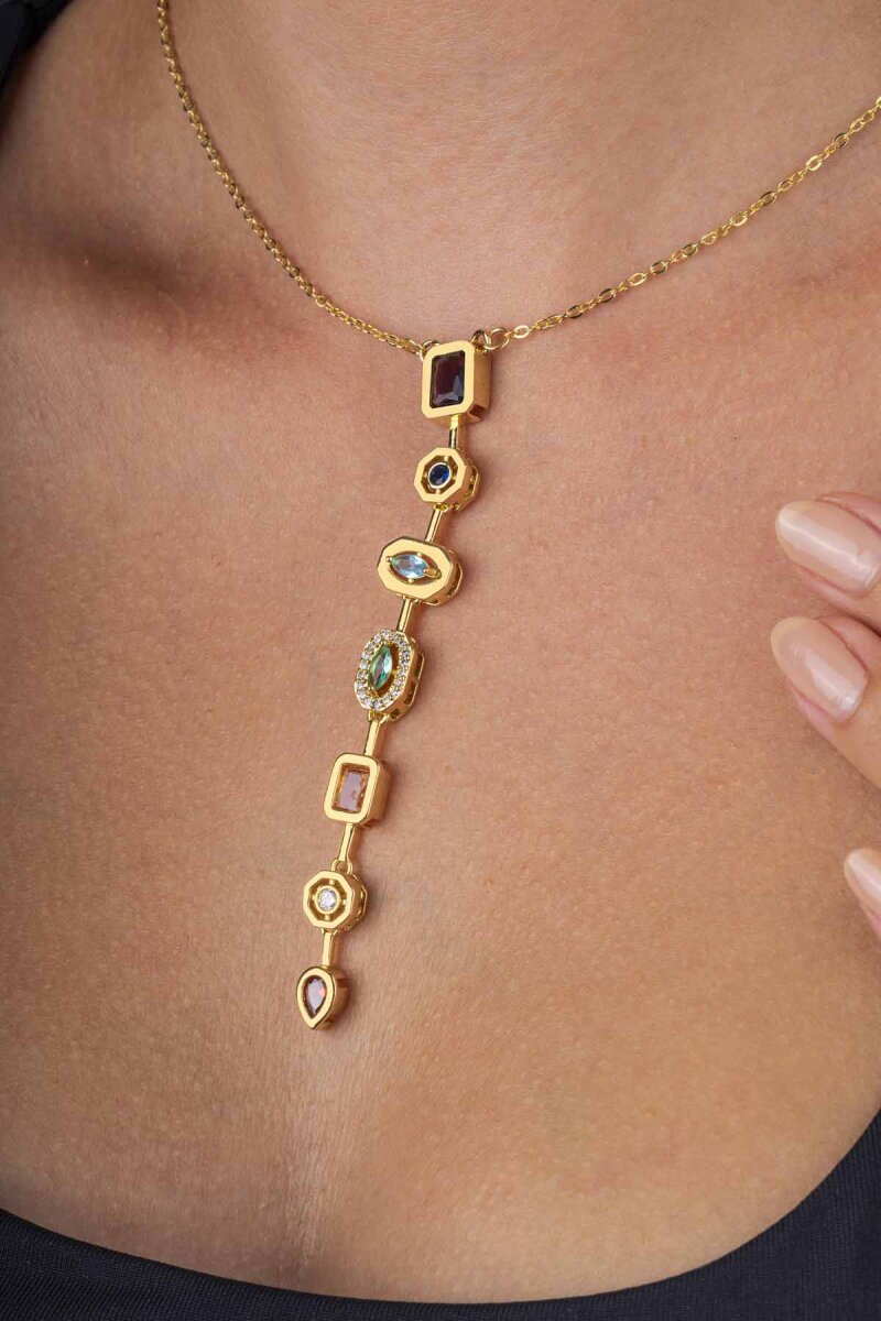 Sıralı Renkli Taşlı Altın Kaplama Çelik Kadın Y Kolye - 2