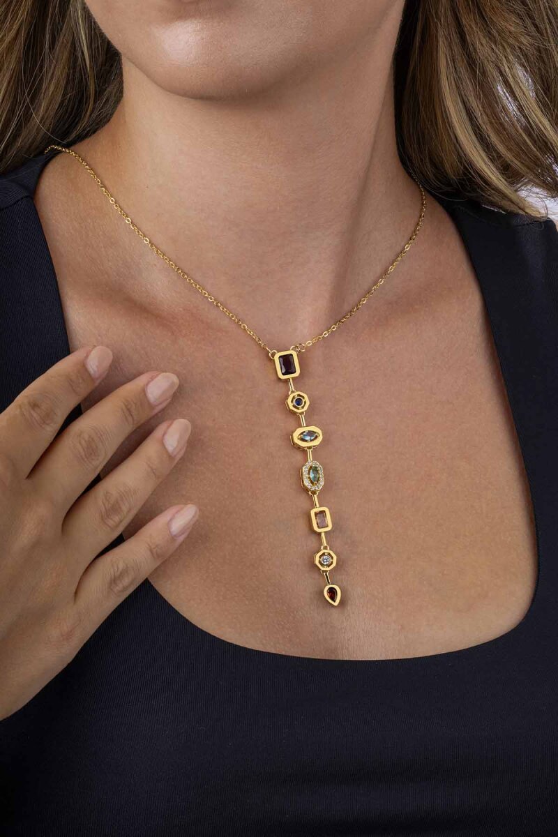 Sıralı Renkli Taşlı Altın Kaplama Çelik Kadın Y Kolye - 3